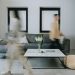 A stylish living room with minimalist decor featuring people in motion blur, creating dynamic energy.